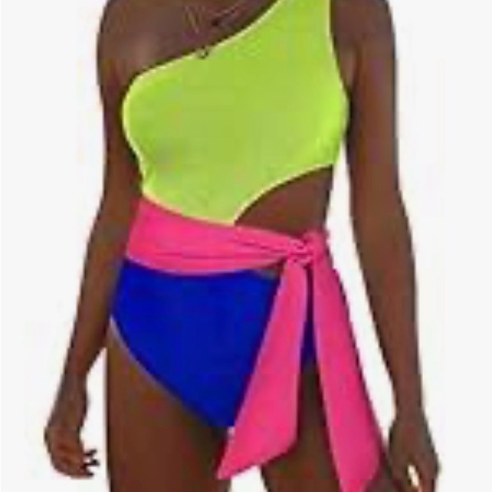 Kids One-Shoulder Colorblock Swim One-Piece in Lime, Pink & Blue Removable Pads
